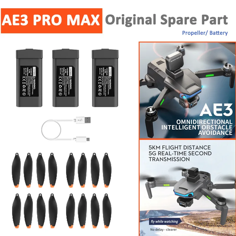 AE3 PRO MAX Original Spare Part Propeller Blade / 7.4V 3000mAh Battery / Battery Charger USB Charger /AE3 PRO MAX Dron Accessory