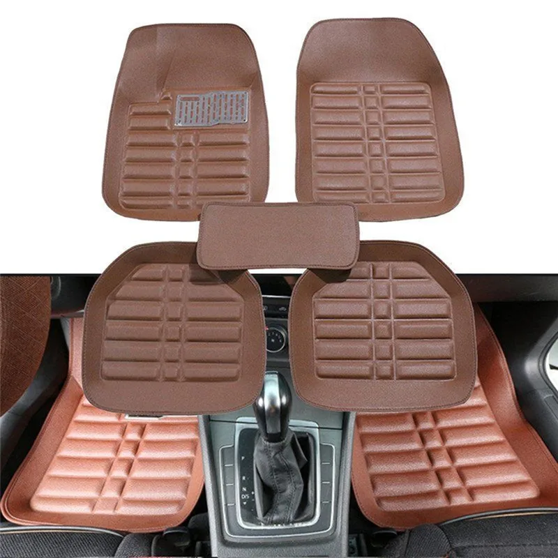 5pcs Universal Car Auto Floor Mats FloorLiner Front&Rear Carpet All Weather Mat Brown