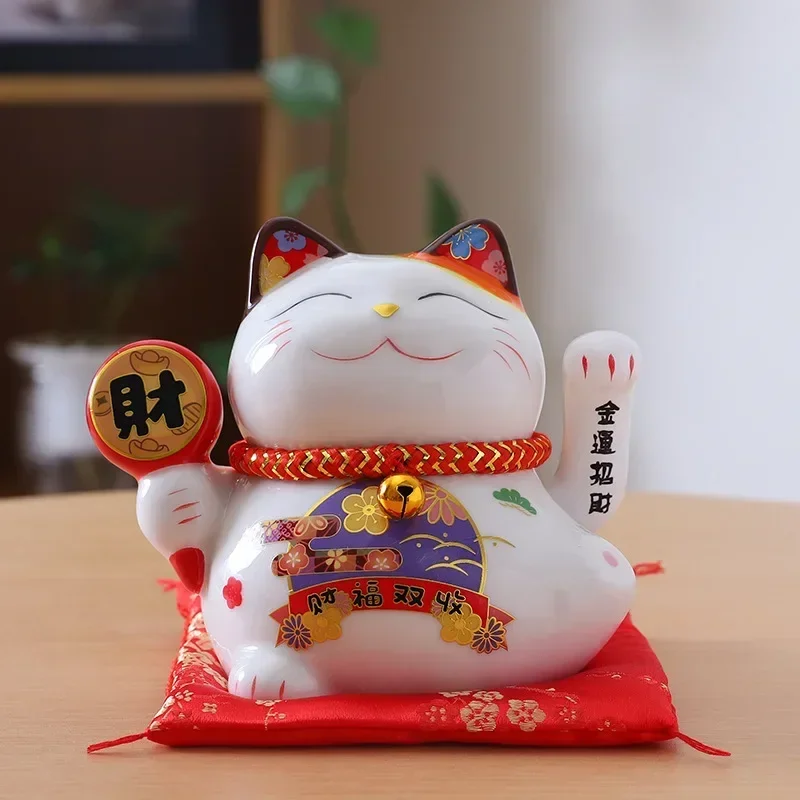 5 inch Ceramic Fortune Cat Waving Hand Lucky Cat Plutus Cat Battery Powered Feng Shui Maneki Neko Best Gift Home Decoration