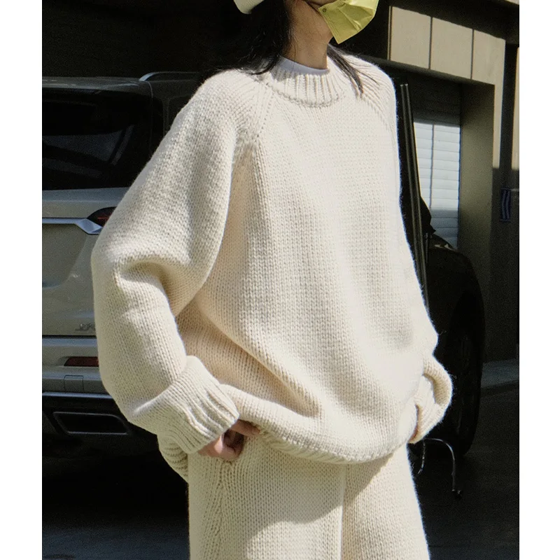 Women Retro Simple Crewneck Wool Sweater Thick Line Cashmere Knitted Pullovers Ladies Casual Loose Knitwear Winter