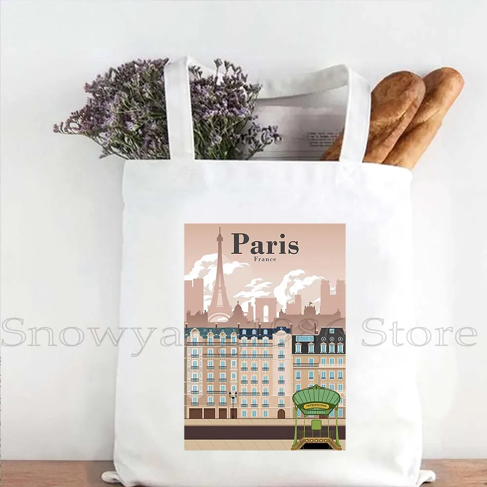 Rainbow Paris France Eiffel Tower Seine Vintage Travel Poster Landmark Cute Gifts Canvas Shoulder Tote Bag Harajuku Eco Handbag