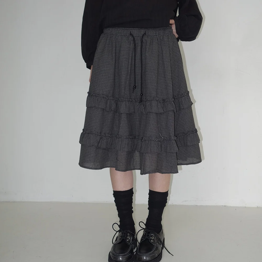High Waist A-Line Pleated Skirt with Bow Tie Tartan Print Half-length Sweet Style Women's Skirt with Inner 