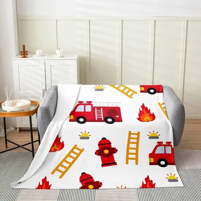 Fire Truck Flannel Fleece Blanket Cartoon Car Firemen Car Vehicle Plush Throw Blanket, for Children Firefighter Red