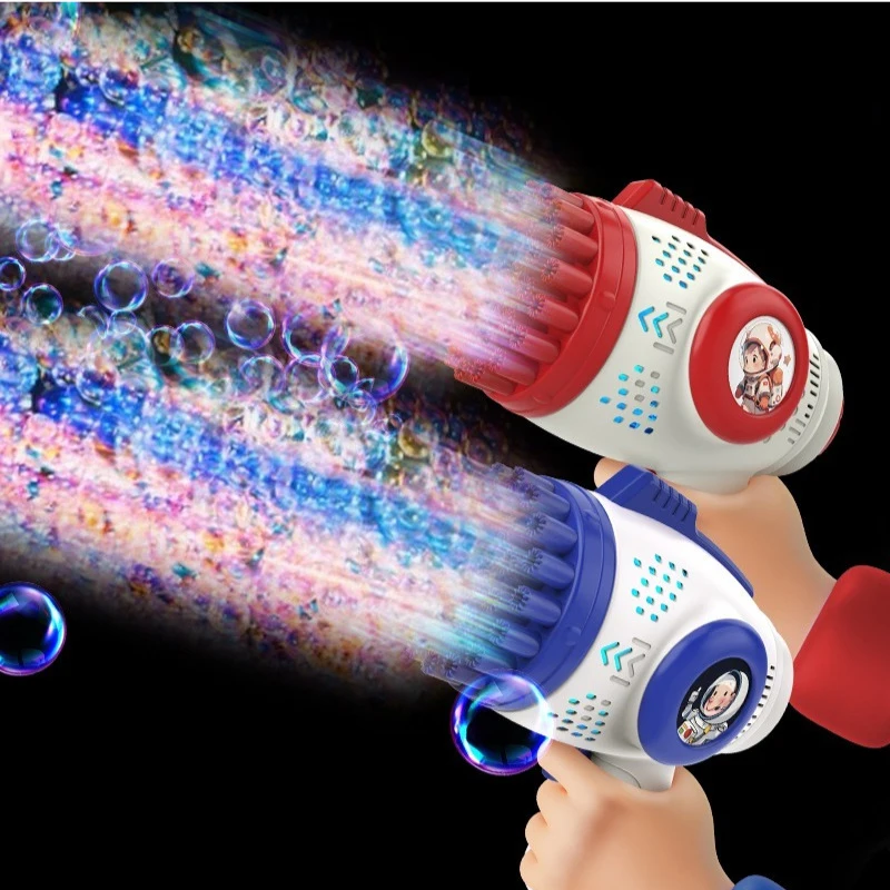 Arma de atirador de bolhas para crianças, blaster de bolhas de 32 buracos com luzes LED, máquina de bolhas divertida ao ar livre para meninos e meninas