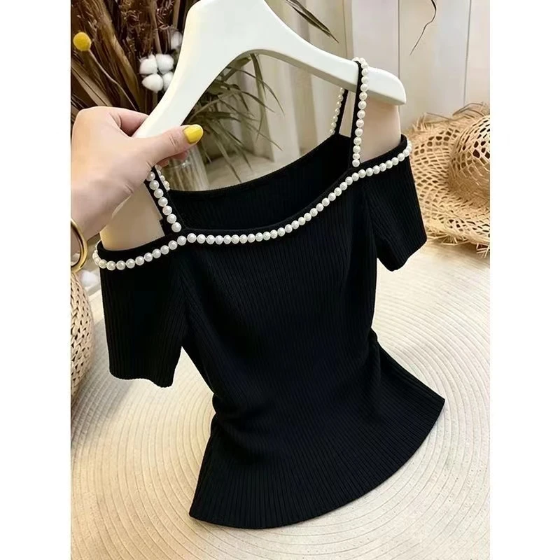 Pearl Decorated Short Sleeve Knitted Shirt Women's Slim Fit Shoulder Bared Summer Top Fashionable Casual Female Garment