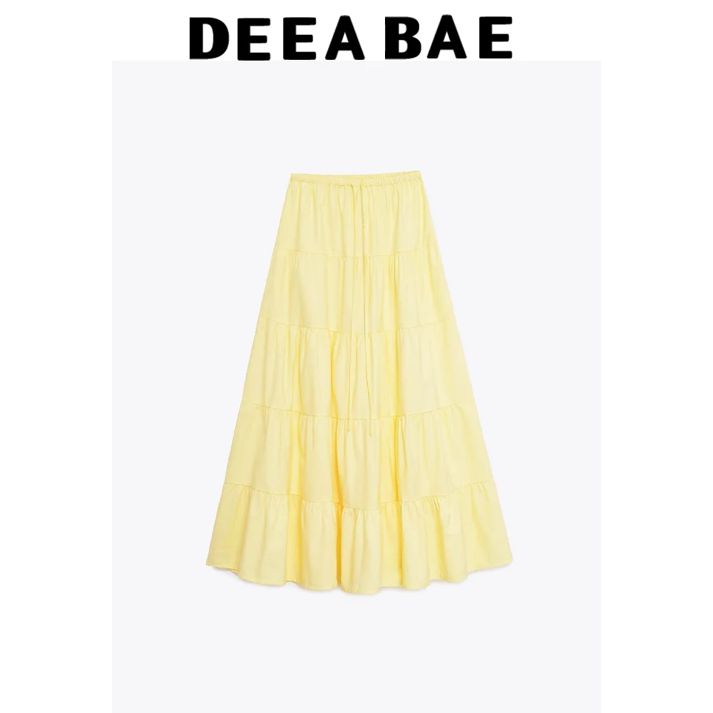 

DEEABAE 2025 Autumn New Product Women's Wear Bow Decoration Layered Splicing Elastic Mid Waist Long Skirt Midi Half Skirt