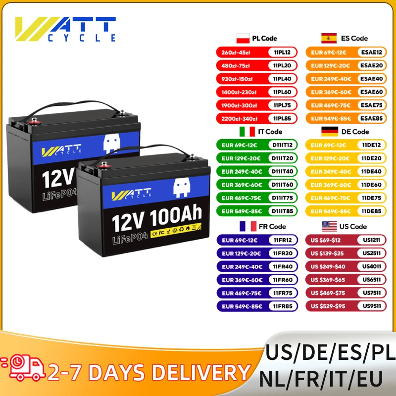 WattCycle 12V100AH LiFePO4 بطارية ليثيوم 2 قطعة 15000 + دورات مع 100A BMS دائم متعدد الاستخدامات لشاحنات التصيد عربة جولف #1