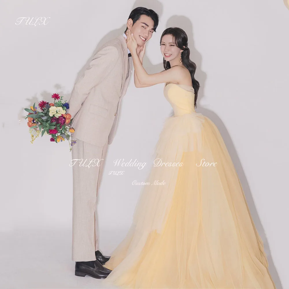 

TULX Fairy Sweetheart Yellow Tulle Evening Dresses Korea Wedding Photo Shoot A-line Floor Length Corset Bridal Party Prom Gowns