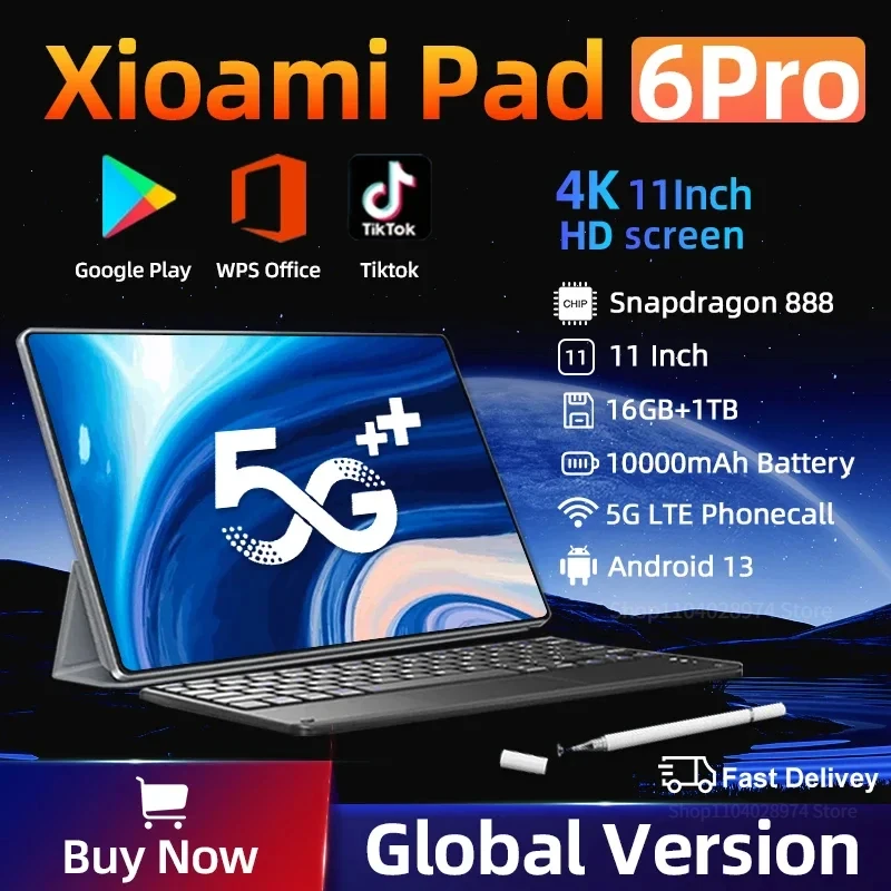 Global Version Original Pad 6 Pro Tablet HD Screen Snapdragon 888 Android 13 16GB+1TB 10000mAh 5G Dual SIM WiFi GPS Tablet PC