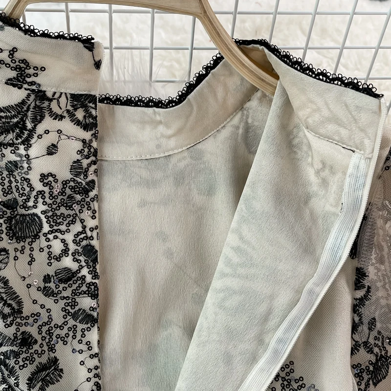 Vestido Sexy de malla bordada con cuello levantado y mangas acampanadas, vestido elegante de fiesta de noche para mujer, vestidos ceremoniales de cintura alta