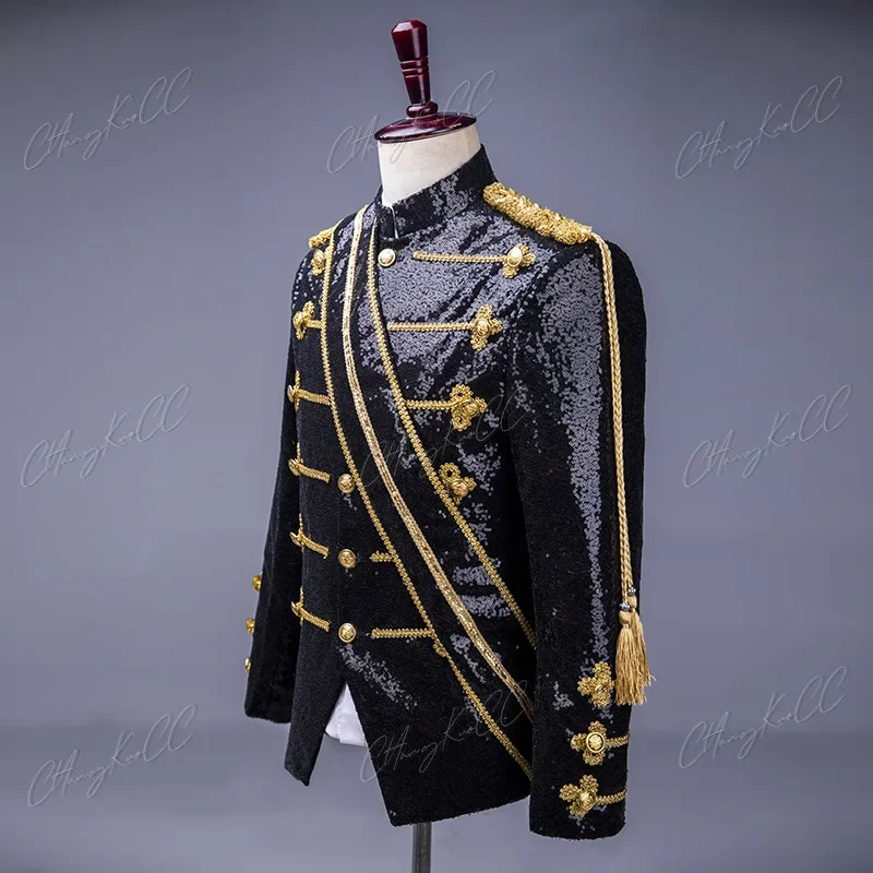 British Style Men's Tuxedo Suit Jacket Fashion Sequins Gentlemen's Wedding Party Gold Set Show Dress Military Show Dress