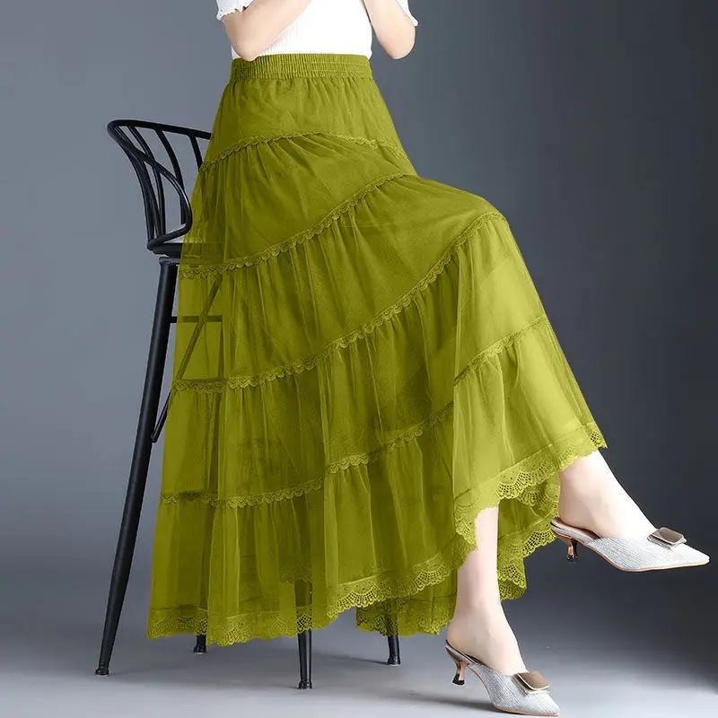 

Elegant Vintage Women Mesh Long Skirt Spring Autumn New Office Lady High Waist Fashion Slim Solid Midi Temperament Casual Skirts