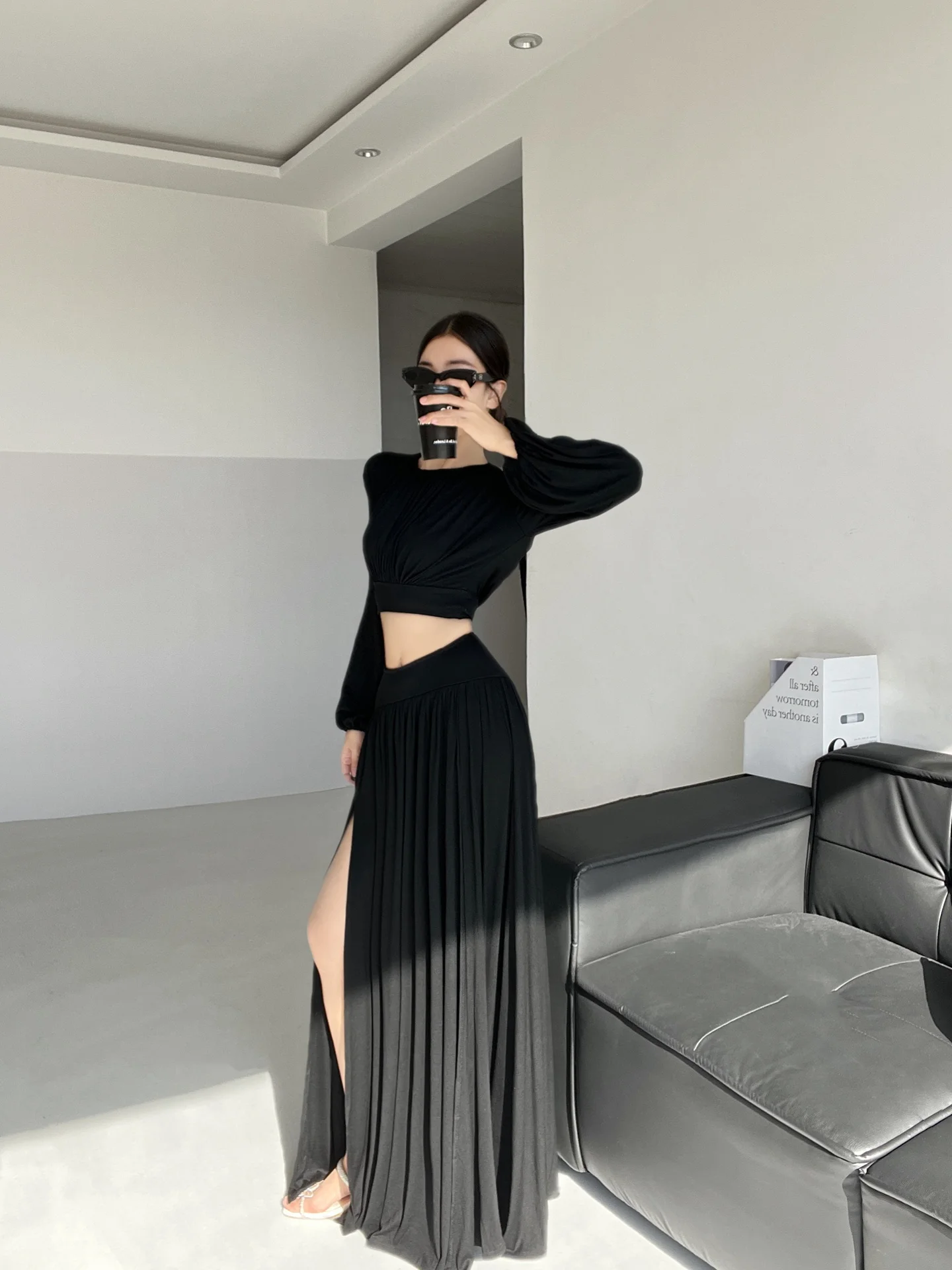 Ele Paars gebreide losse pasvorm Lantern Sve-set Midi-rok met hoge taille rond Ne Long Sve Casual werkkleding Faion-set