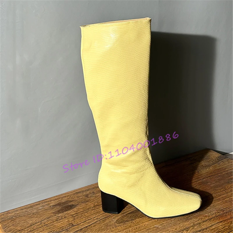 

Желтые кожаные сапоги до колена для женщин, рыцарские сапоги на толстом высоком каблуке с квадратным носком, весенне-осенние новые модные женские длинные сапоги