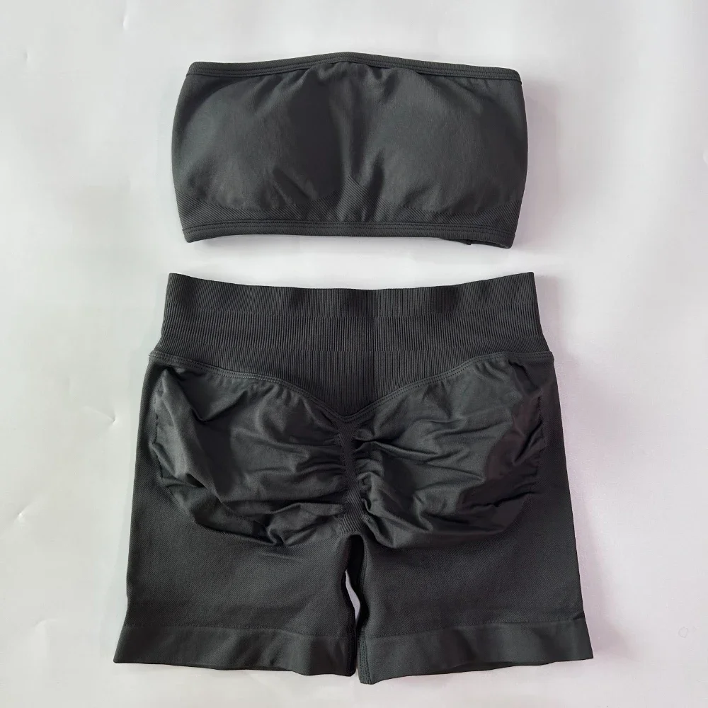 2-teiliges Yoga-Set für Damen, Rückenfreier Bandeau-Sport-BH, Scrunch-Shorts, Yoga-Bekleidung, Trainingskleidung, Outfits, Fitness-Set – Detail 19
