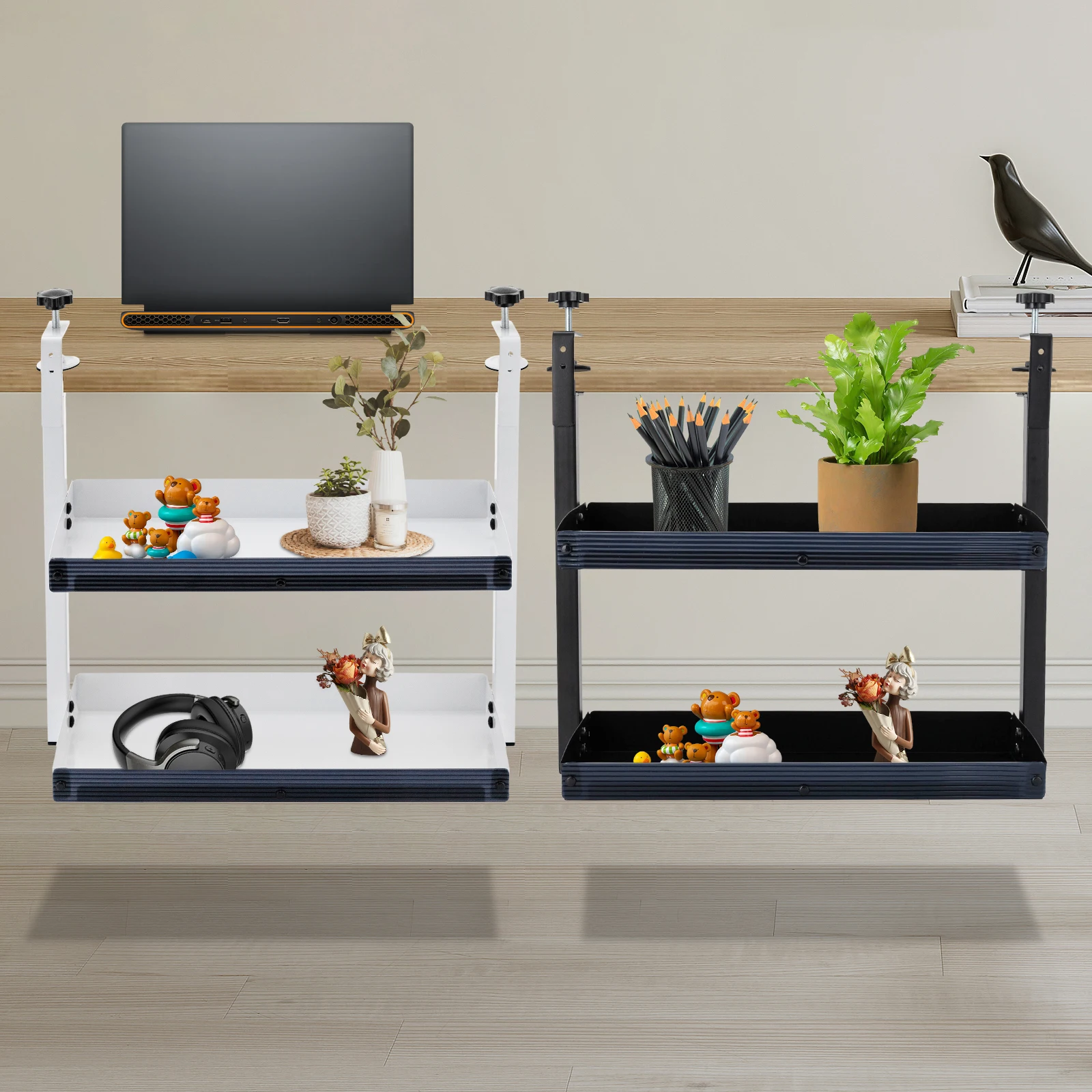 رفوف من طبقتين مع صينية تخزين قابلة للتعديل، رف مكتبي بمشبك على رف مكتب لعرض الصور والديكورات