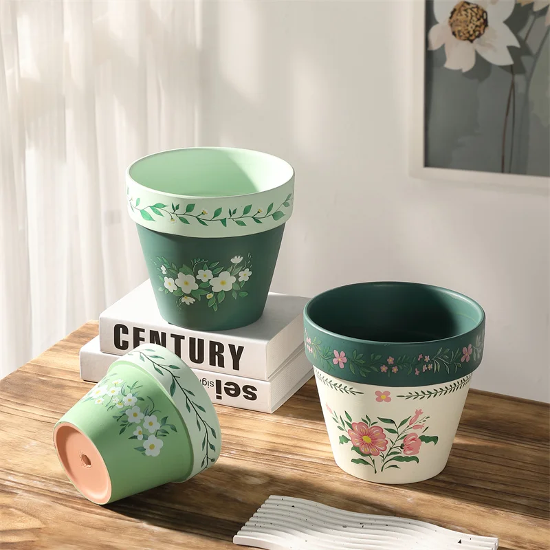 

Clay Flower Pot Green Hand-painted Desktop Decor Green Plant Potted Planter with Base Balcony Garden Ornaments Vintage Flowerpot