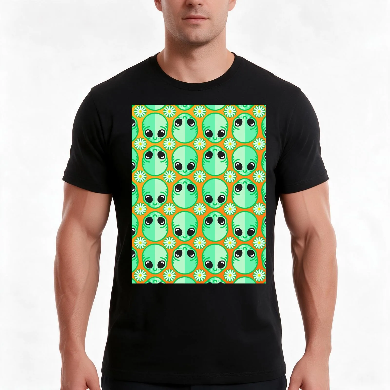 Happy Alien and Daisy Grunge Pattern T-Shirt Summer Casual Cotton Tee, Unisex Men Women