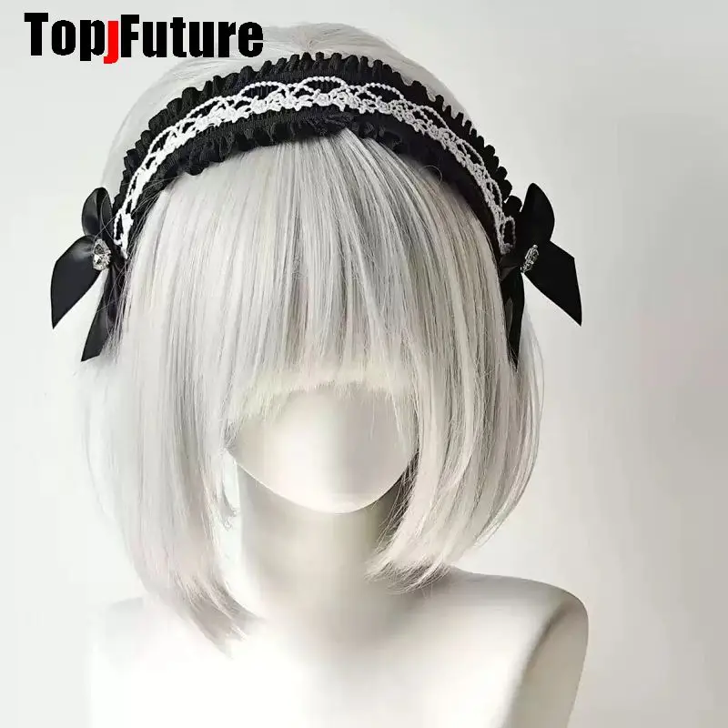 Black White Lace Headband Vintage Ribbon Bow Rhinestone Lolita Maid Gothic Girl Hair Accessories Y2K Harajuku Subculture Kawaii view 2