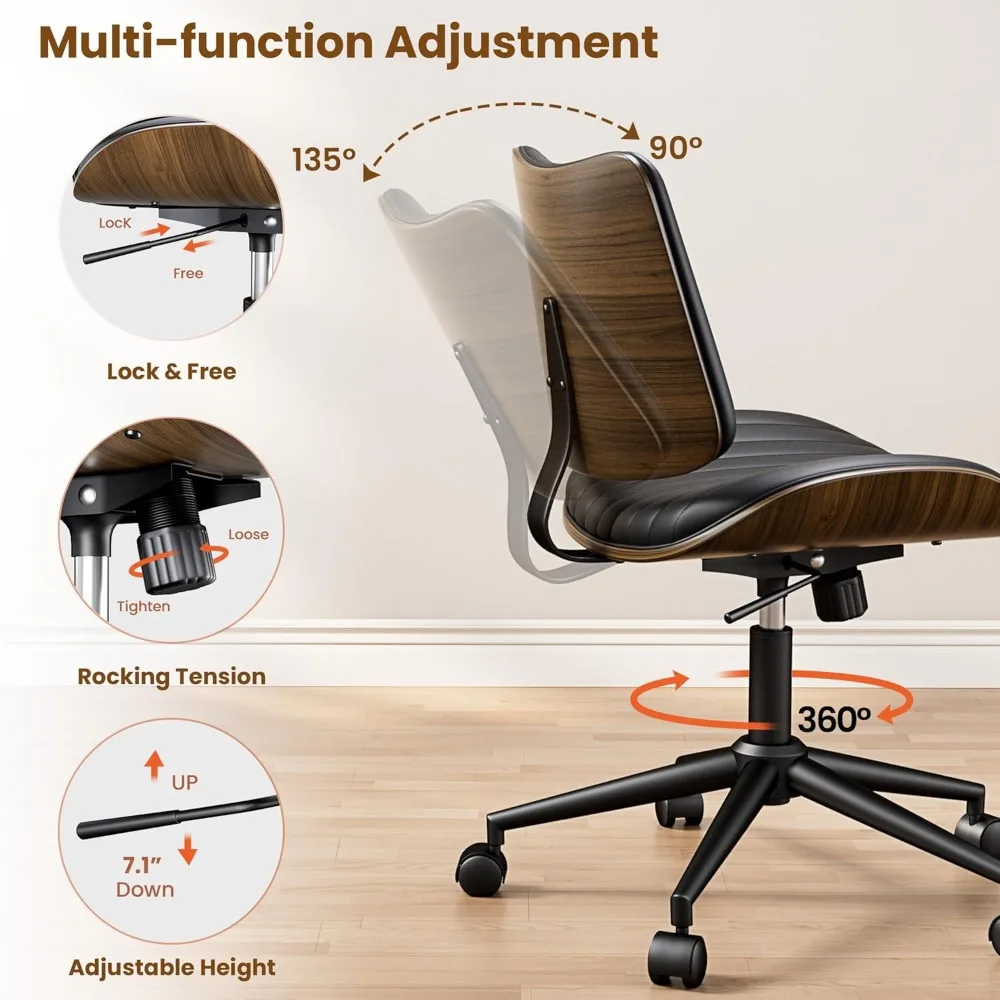 Ergonomischer drehbarer Bürostuhl aus Walnussholz mit Rollen für kompakte Räume