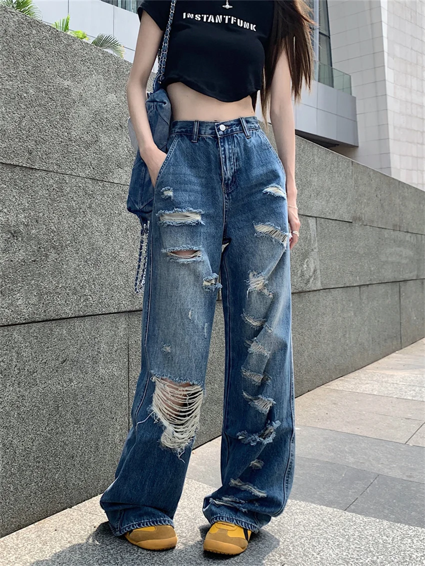 Alien Kitty Hole Jeans Women New Loose Vintage Summer Straight Daily All Match Streetwear High Waist Casual Office Wear Denim