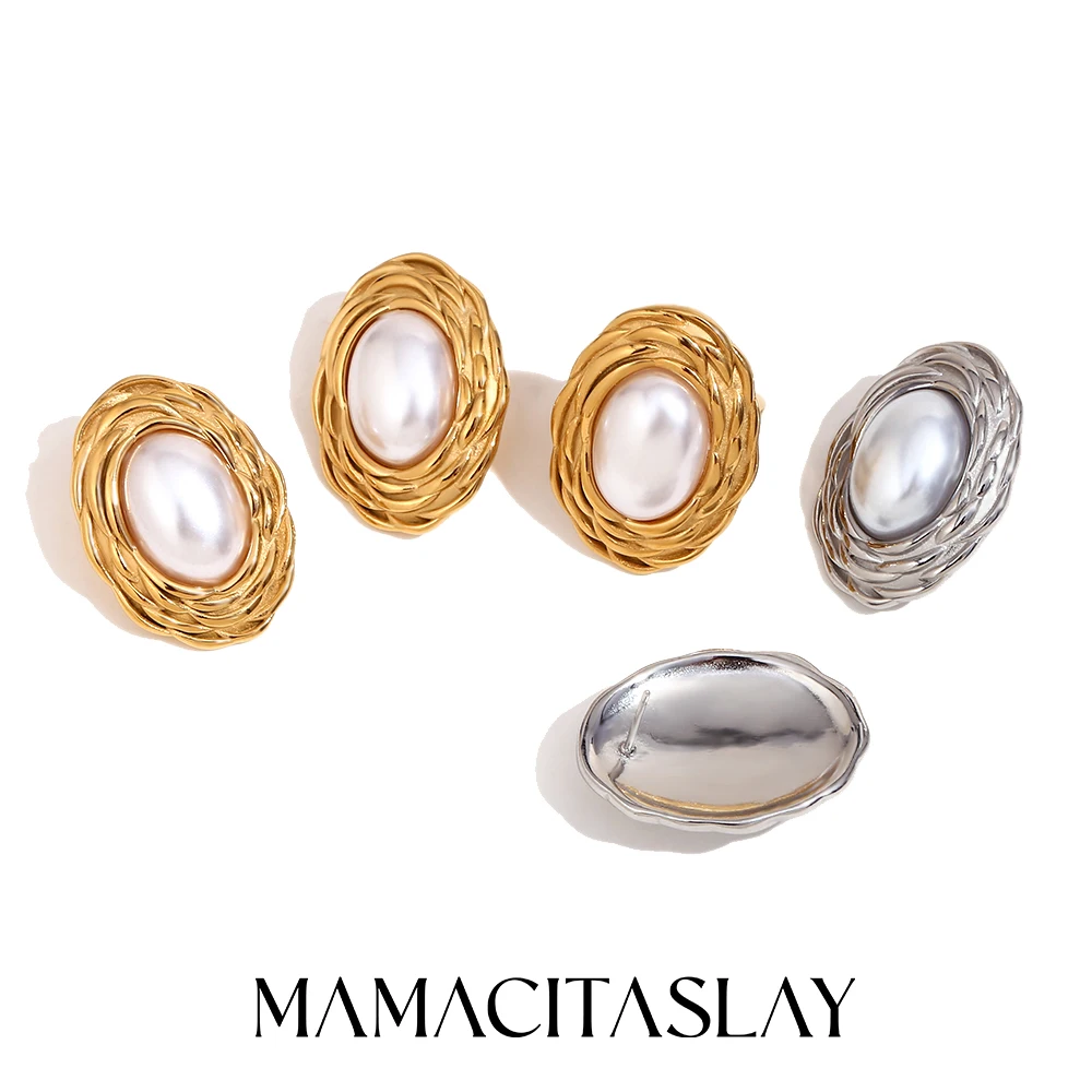 

MamacitaSlay Elegant Oval Layered Rose Petals earrings Oval Imitation Pearl Rings gold plated stainless steel jewelry woman