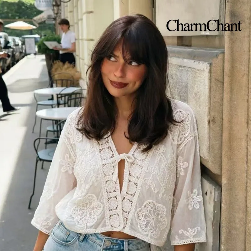 CHARMCHANT Women's V Neck Blouse Tie Floral Crochet Lace Cropped Cardigan Hollow Out Boho Cover Up Vintage Blouse Spring 2026