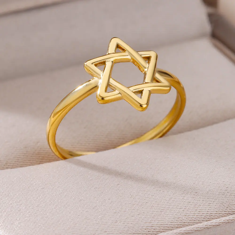 Hexagon Star Stainless Steel Rings for Women Gold Color Finger Rings Female Vintage Party Waterproof Jewelry Accessories Gift