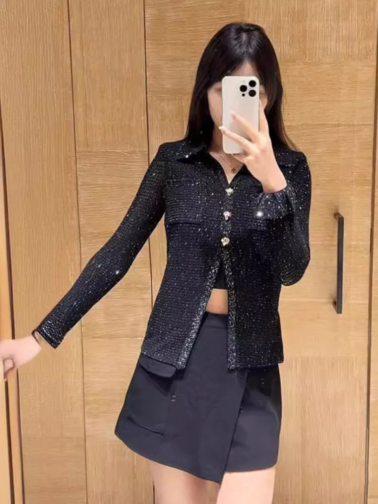 Ele Long Sve Gebreid Vest irt Classic Bla Diamond Bead Versierd Bovenkleding Dames Slim Fit irt Cool Sensation