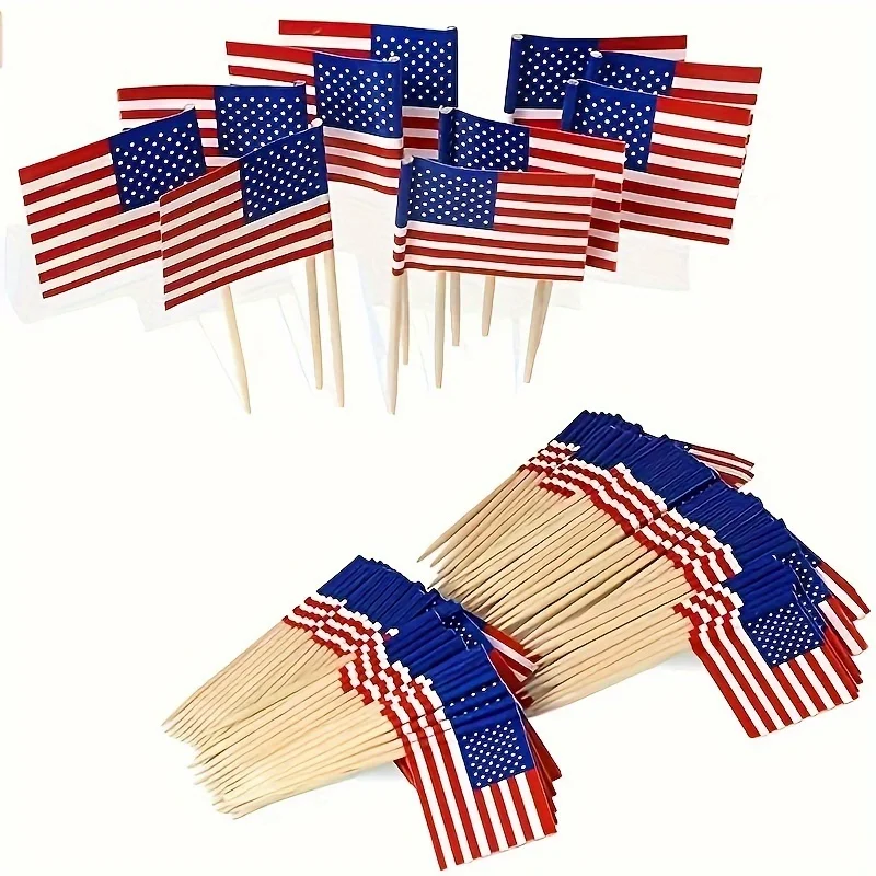 100/200pcs Mini US Flag Toothpicks Cake Dessert Cocktail Picks Independence Day Holiday Party Decor Independence Day Supplies