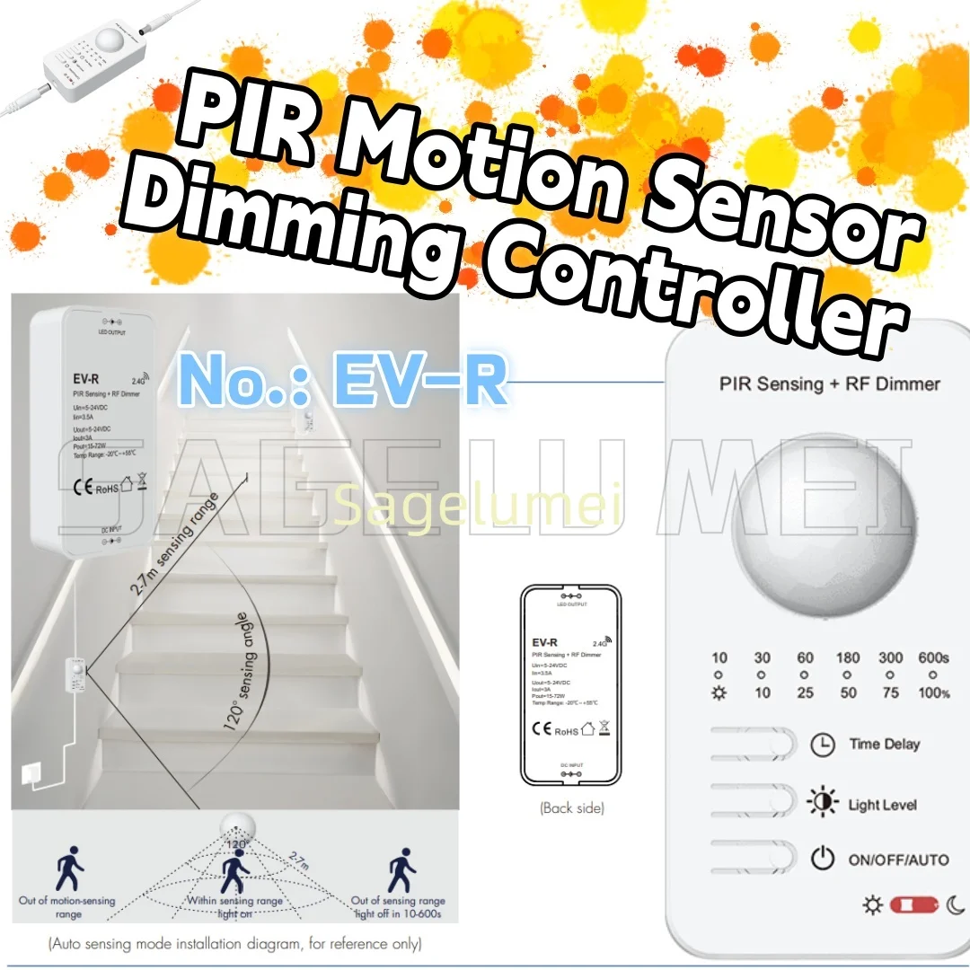

EV-R PIR датчик движения контроллер затемнения 5-24 В 2,4G RF пульт дистанционного управления одноцветный диммер таймер обнаружения дневного света для лестницы