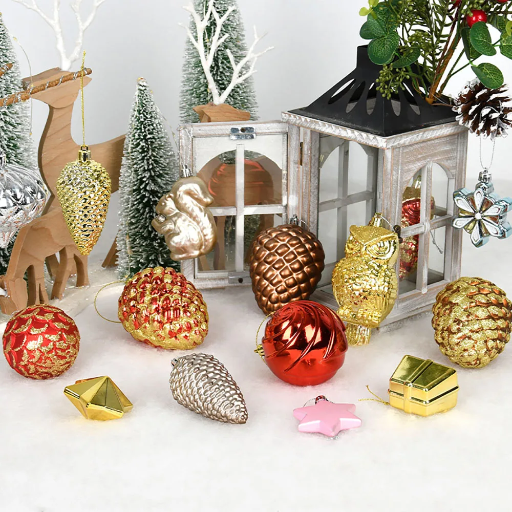 6pc Xmas Tree Decoration Glitter Pinecone Squirrel Snowflake Star Owl Cake Onion Hanging Ornaments Christmas New Year Party Gift