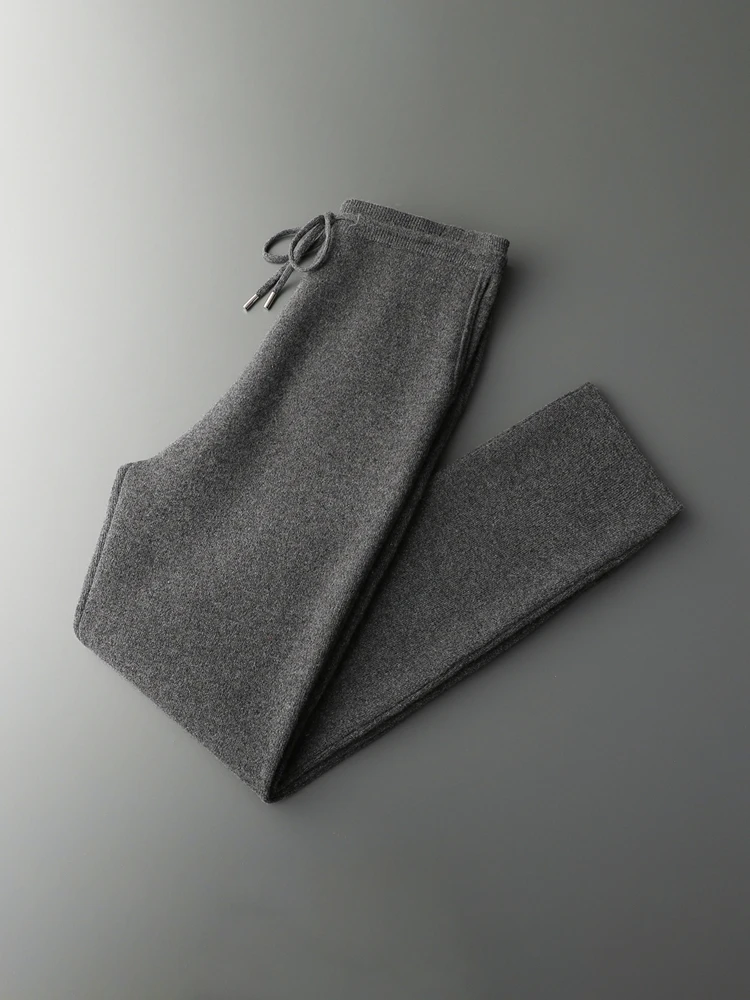 Classic Men's Straight Pants 100% Merino Wool Trousers Autumn Winter Pants Sweater Casual Lace-up Thicked Warm Basic Pencil Pant