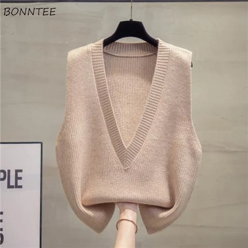 

5 Colors Sweater Vest Women V-neck Autumn Simple Casual Loose Harajuku Vintage Sleeveless Knitted Soft All-match Korean Style