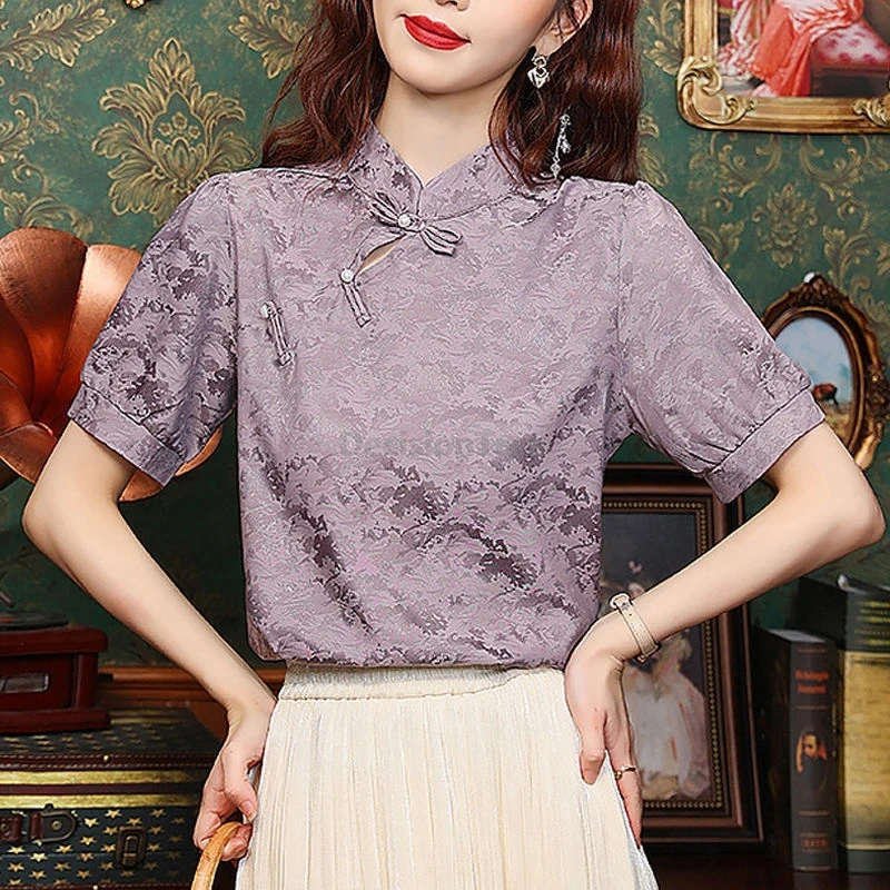 

2025 modern daily improved chinese diagonal buckle qipao top french style printed blouse trendy romantic retro ethnic style top