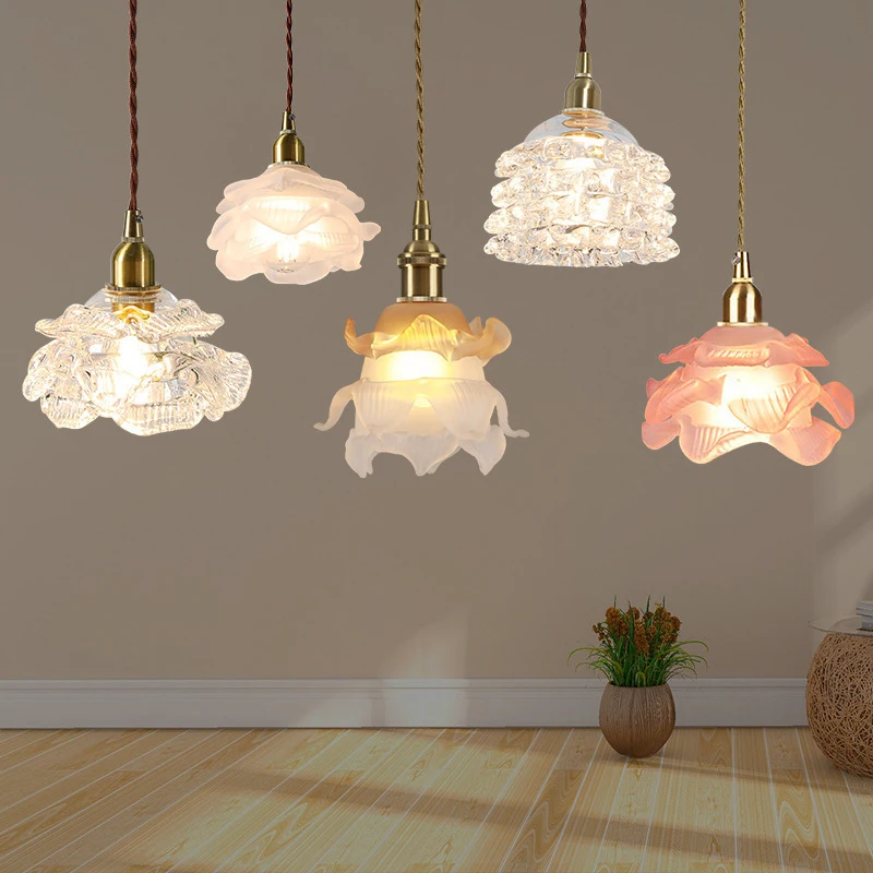 

Pink Flower Shape Glass Pendant Light E14 Gold Hanging Lamp Bedroom Living Room Romantic Home Decor Lighting Fixture