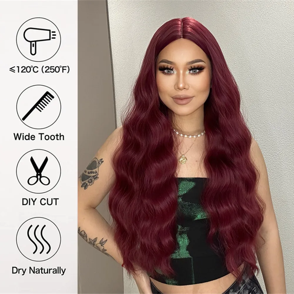 ALAN EATON Long Burgundy Wave Synthetic Hair Wigs Natural Middle Part Wine Red Wig for Daily Party Use Women Heat Resistant Wig