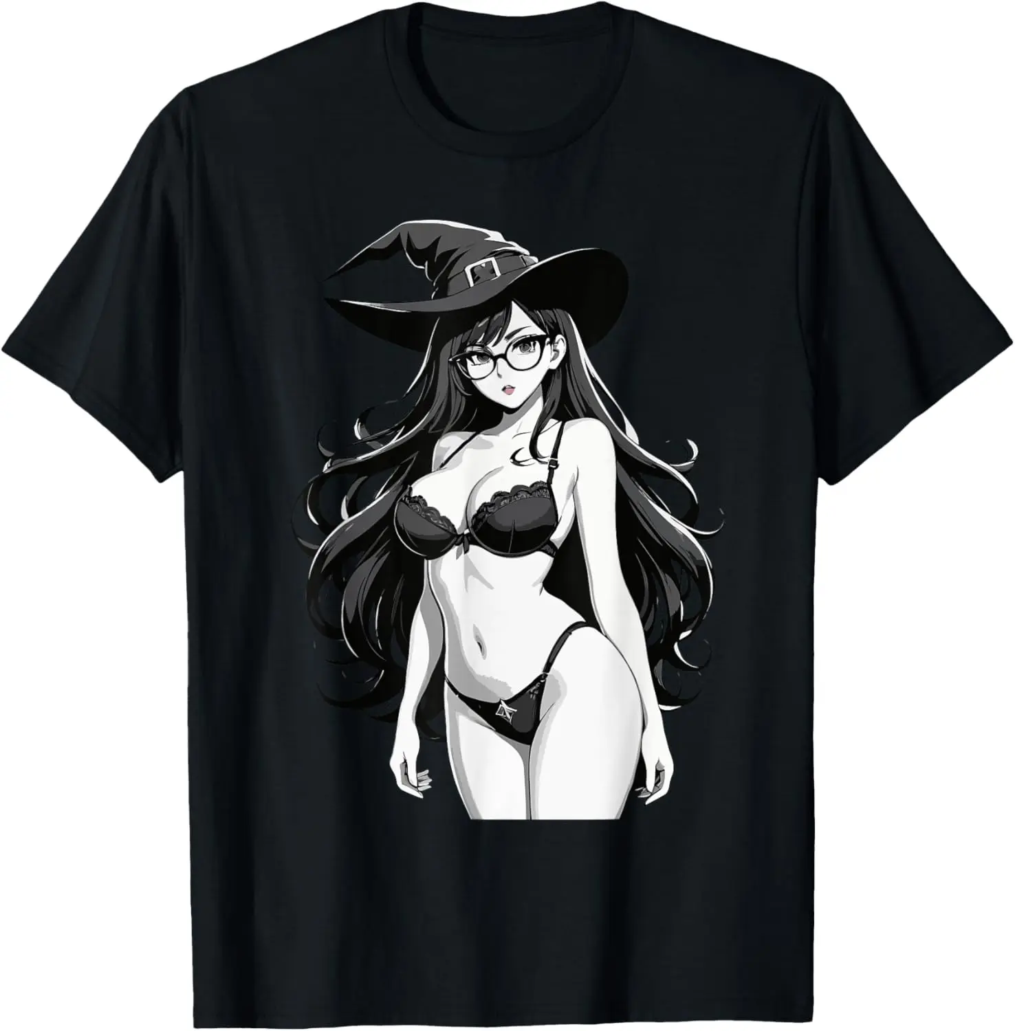 

Sexy Waifu Witch Anime Girl Japanese in Black and White Art T-Shirt