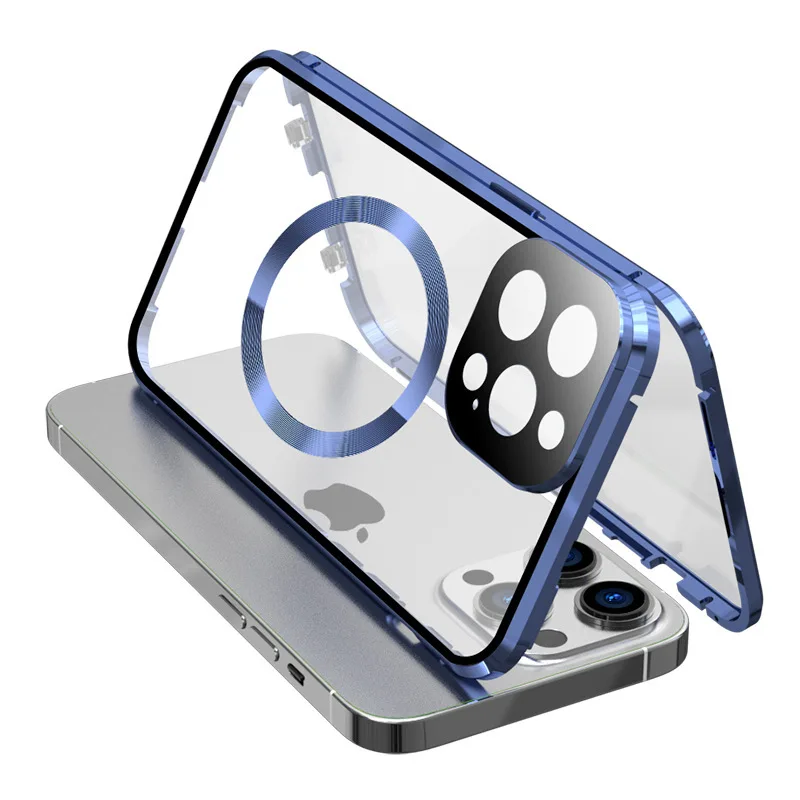 Telefoonhoesje voor iPhone 12 13 14 15 16 Pro Max 16E 360 °   met lens volledige bescherming magnetisch metalen frame + dubbelzijdige glazen afdekking - afbeelding 2