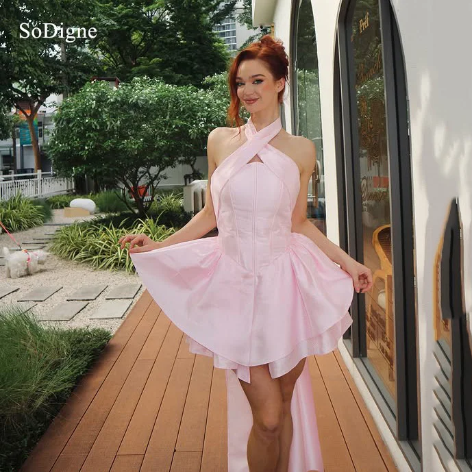 SoDigne 매력적인 핑크 세인트 이브닝 드레스 홀터넥 민소매 파티 드레스 A라인 미니 홈커밍 파티 드레스 맞춤 제작