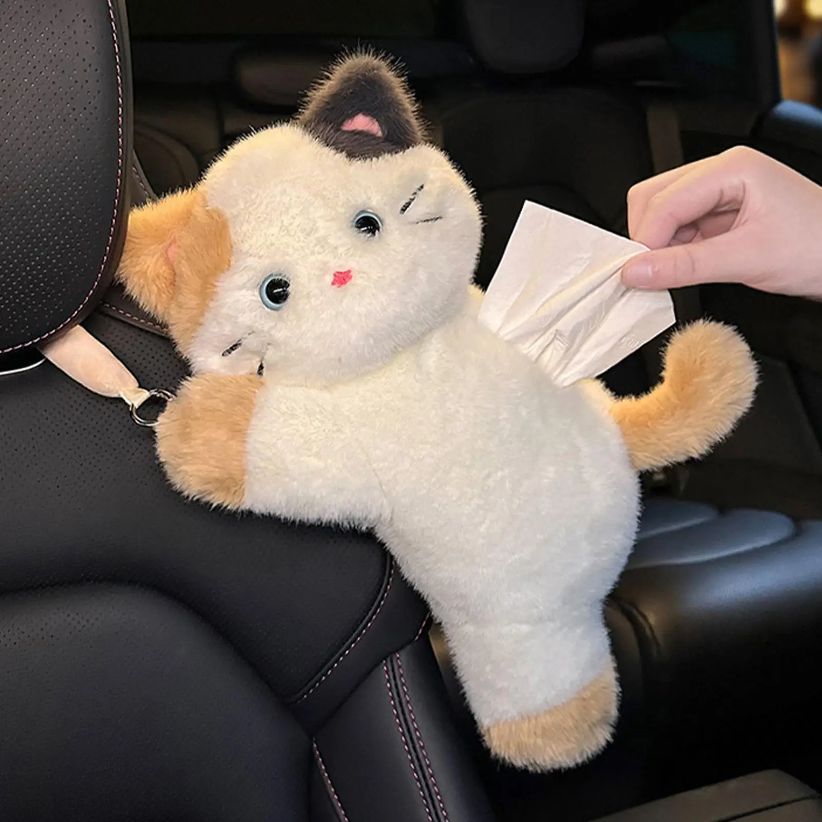 1PC Cartoon Cat Car Tissue Box Creative Car Hanging Pumping Box Cute Plush Vehicle Tissue Case Paper Hanging Bag Organizer