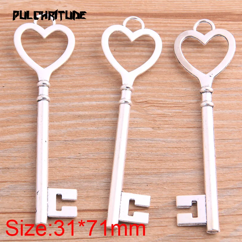 4pcs 31*71mm Two Color Big Heart Key Charms Pendants Handmade Decoration Vintage For DIY Jewelry Making Findings