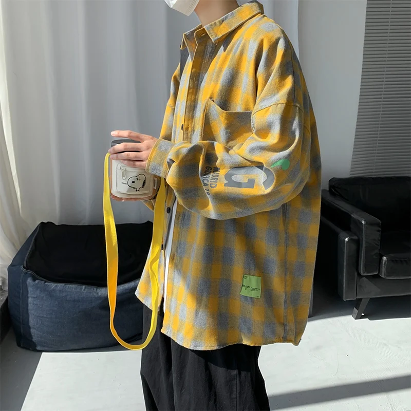 

Plaid Long Sleeve Men's Shirt Casual High Street Style Spring Autumn Japanese Retro Lazy Fashion Outerwear Garment