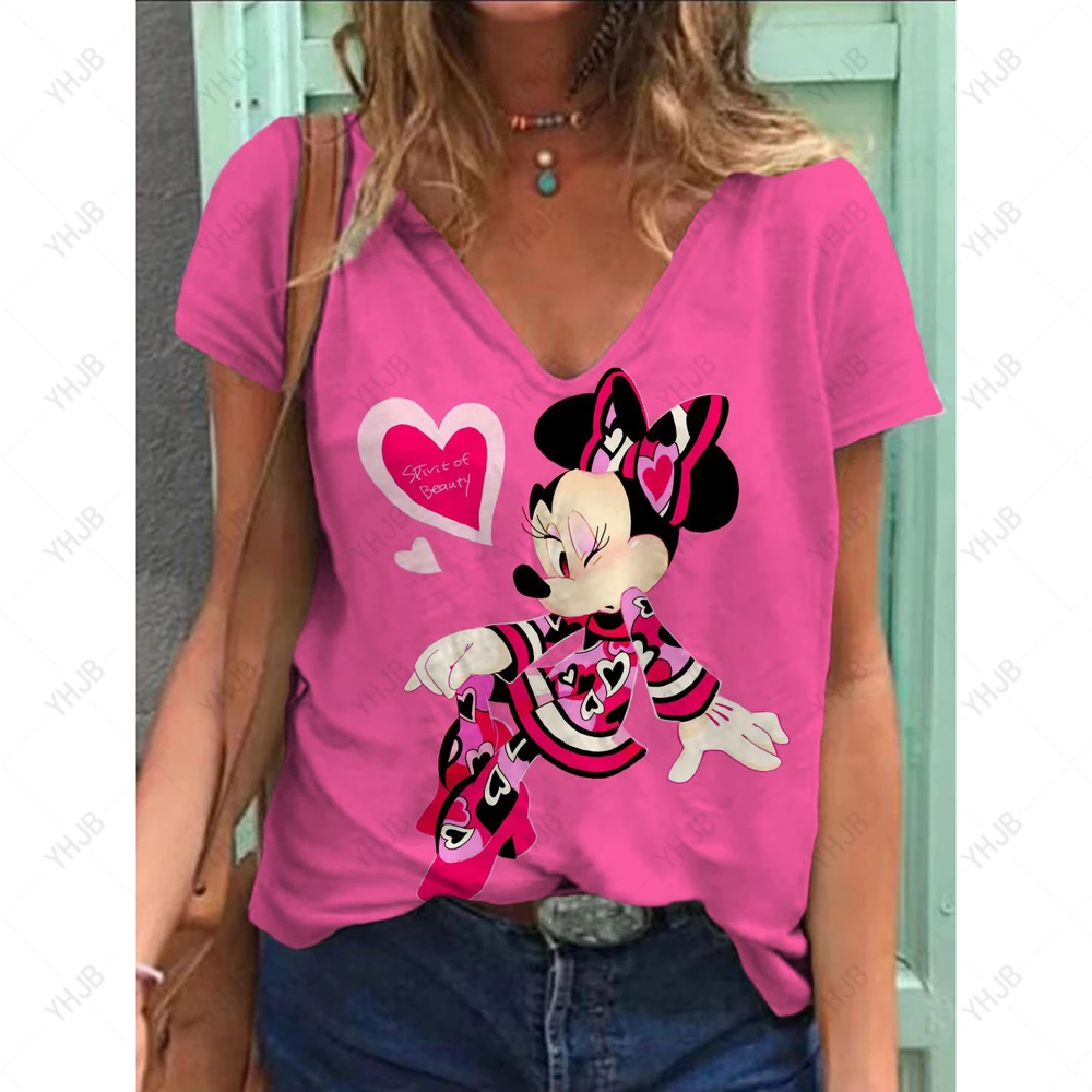 المرأة تي شيرت ديزني ميكي ماوس طباعة الصيف فتاة Kawaii المرأة تي شيرت كبير الخامس الرقبة تي شيرت كامل موضة الكرتون الخامس الرقبة