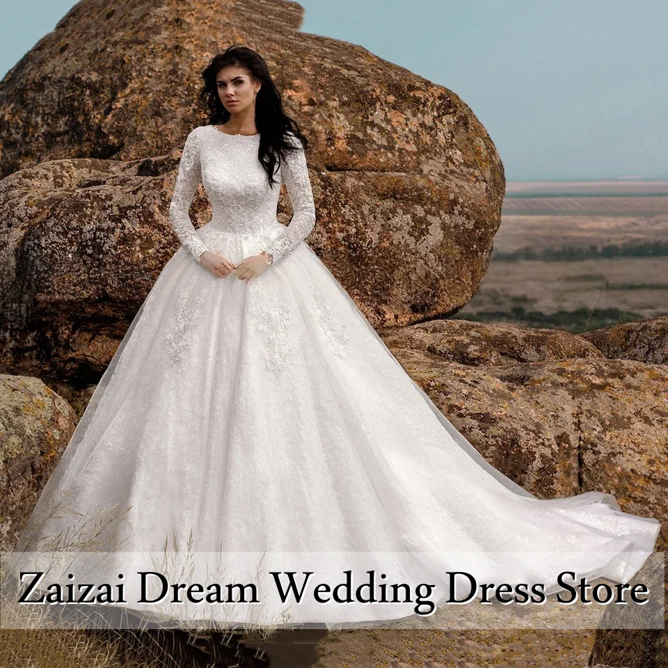 Customized Exquisite High Collar Lace Wedding Dress Muslim Long Sleeve Cover Sweeping Train Wedding Dress Vestido De Noiva
