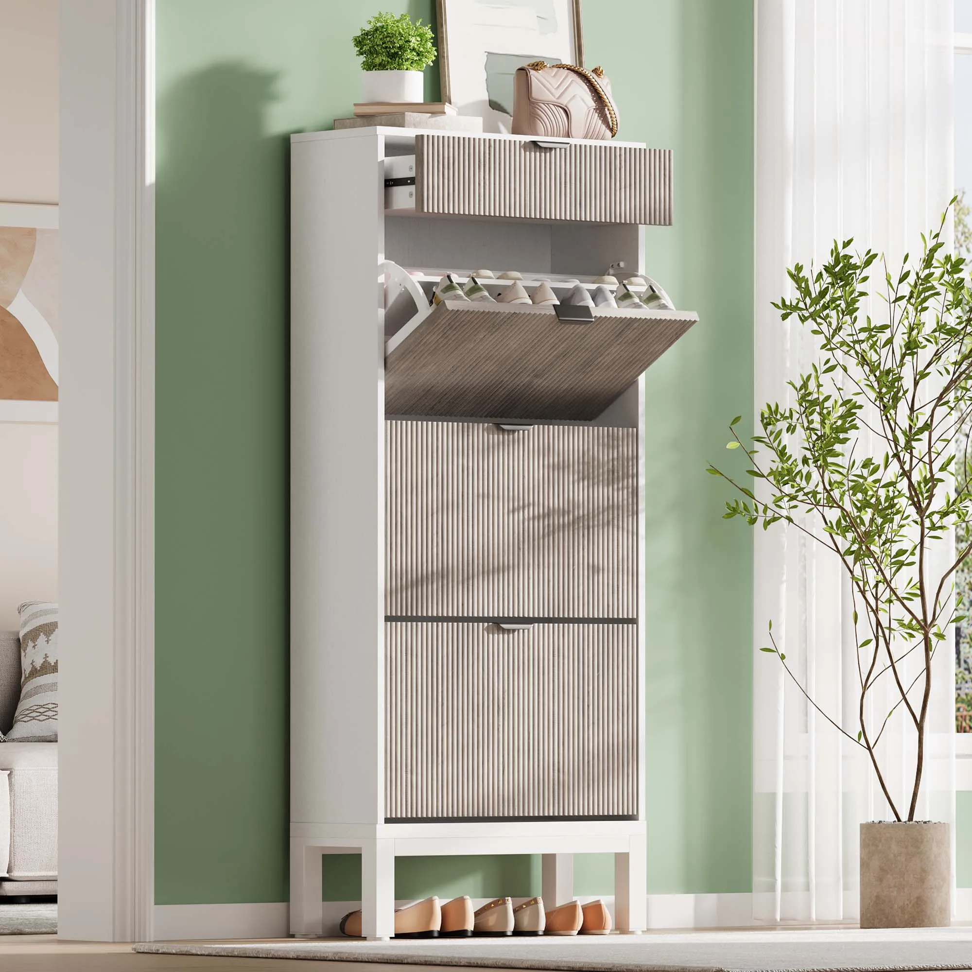 Mobile contenitore per attrezzi da giardinaggio GarveeLife con 3 cassetti a ribalta, scarpiera stile rustico con gambe in metallo, scaffale sottile e compatto da posizionare a terra, ideale per