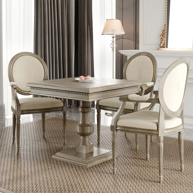 American country solid wood dining table, French weathered white retro dining table