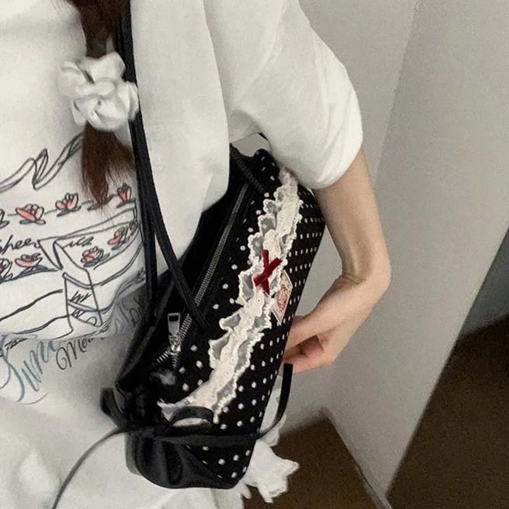 

All-match Sweet French Stick Handbag Lace Bow Polka Dot Underarm Bags Large Capacity Korean Style PU Shoulder Bag Travel