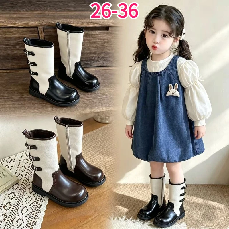 Children's Fashion Long Boots Kids Leather Patchwork Mid Calf Shoes All‑Season Children Buckle Casual Footwear Boys Girls Boots