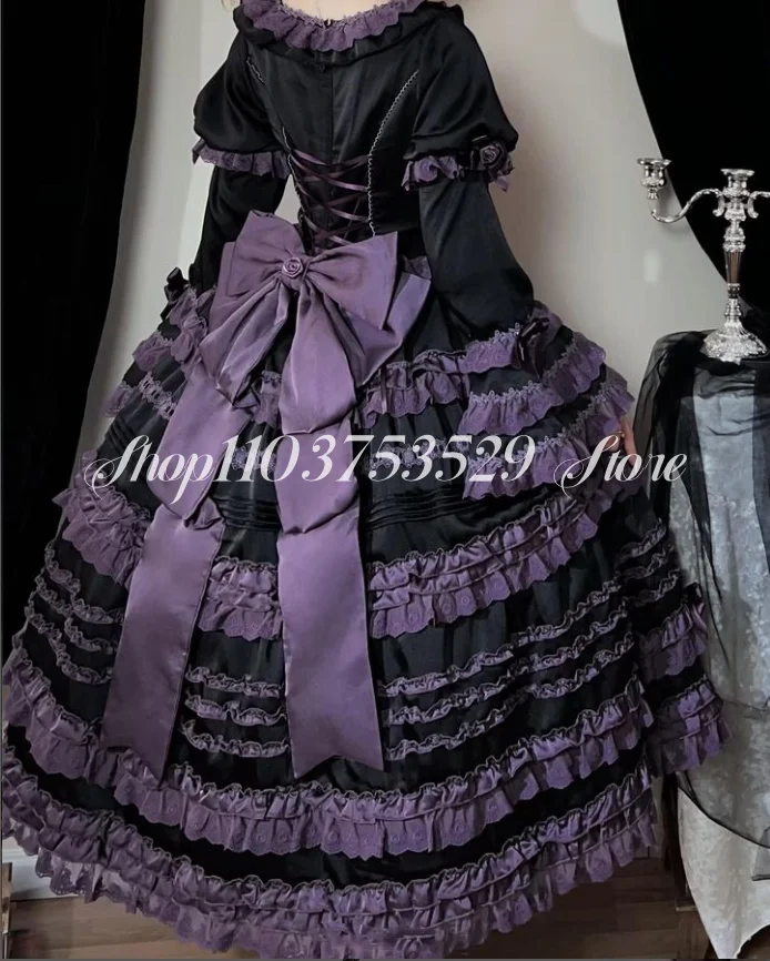 Hitam ungu Gotik Lolita gaun Prom Satin elegan lipit busur Applique lengan panjang jubah khusus ponco de Soiree